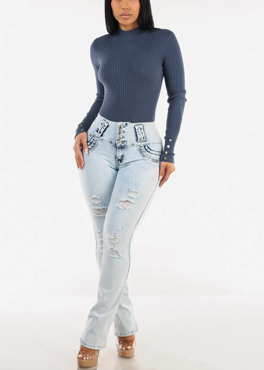 Fitted Long Sleeve Rib Knit Sweater Slate Blue sold by Moda product image thumbnail 2