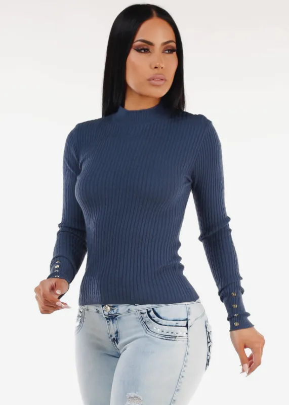 Fitted Long Sleeve Rib Knit Sweater Slate Blue sold by Moda