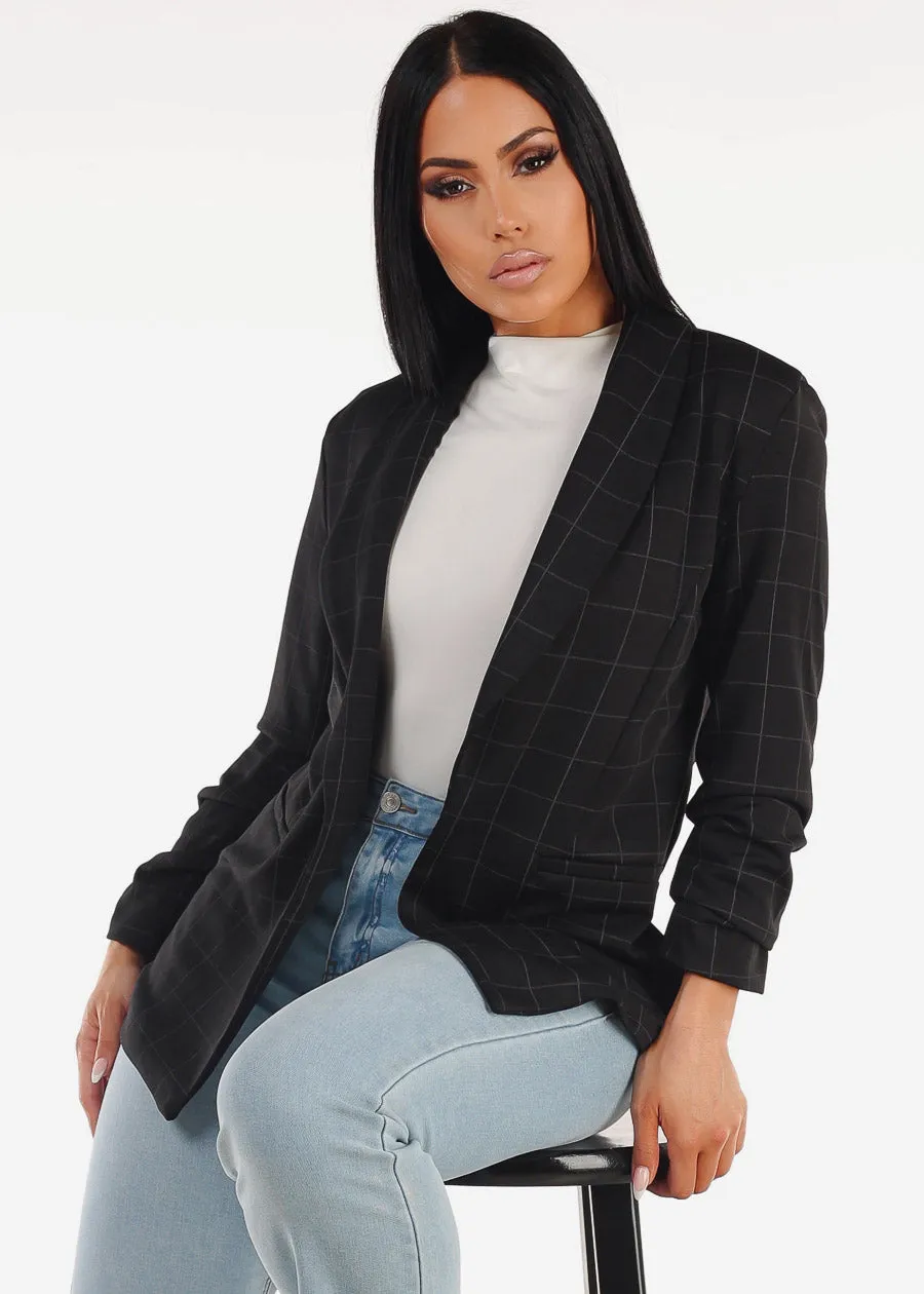 Black Quarter Sleeve Open Front Plaid Blazer sold by Moda