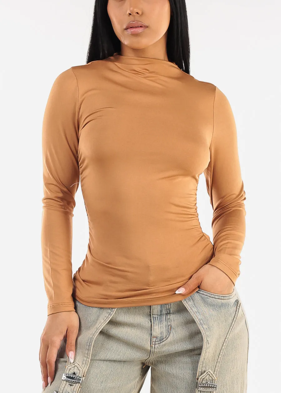 Long Sleeve Mock Neck Ruched Top Taupe sold by Moda