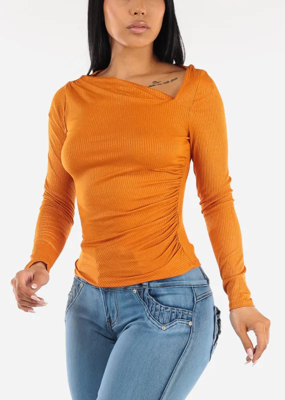 Asymmetrical Neckline Glittery Blouse Rust sold by Moda