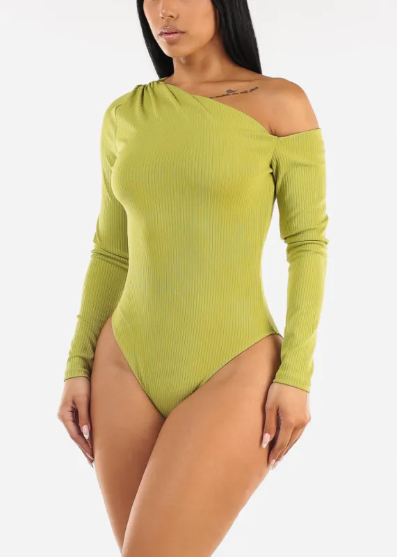Long Sleeve Asymmetrical Neck Bodysuit Lime sold by Moda