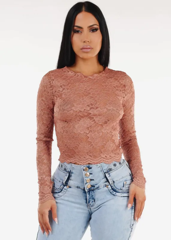 Long Sleeve Floral Lace Boat Neckline Top Bronze made by Papermoon