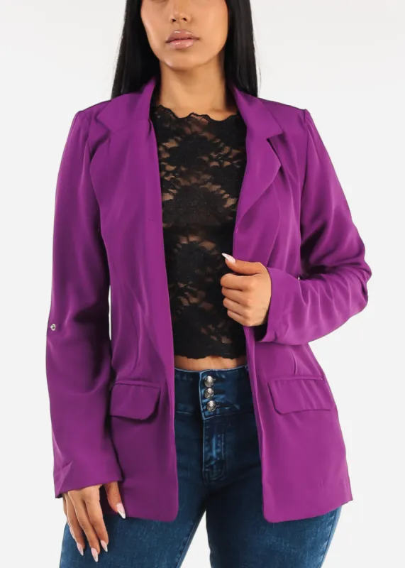 Long Sleeve Open Front Purple Blazer w Pockets sold by Moda