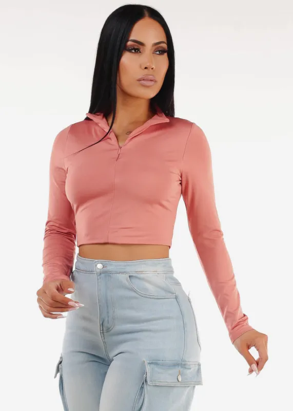 Long Sleeve Half Zip Up Crop Top Mauve sold by Moda