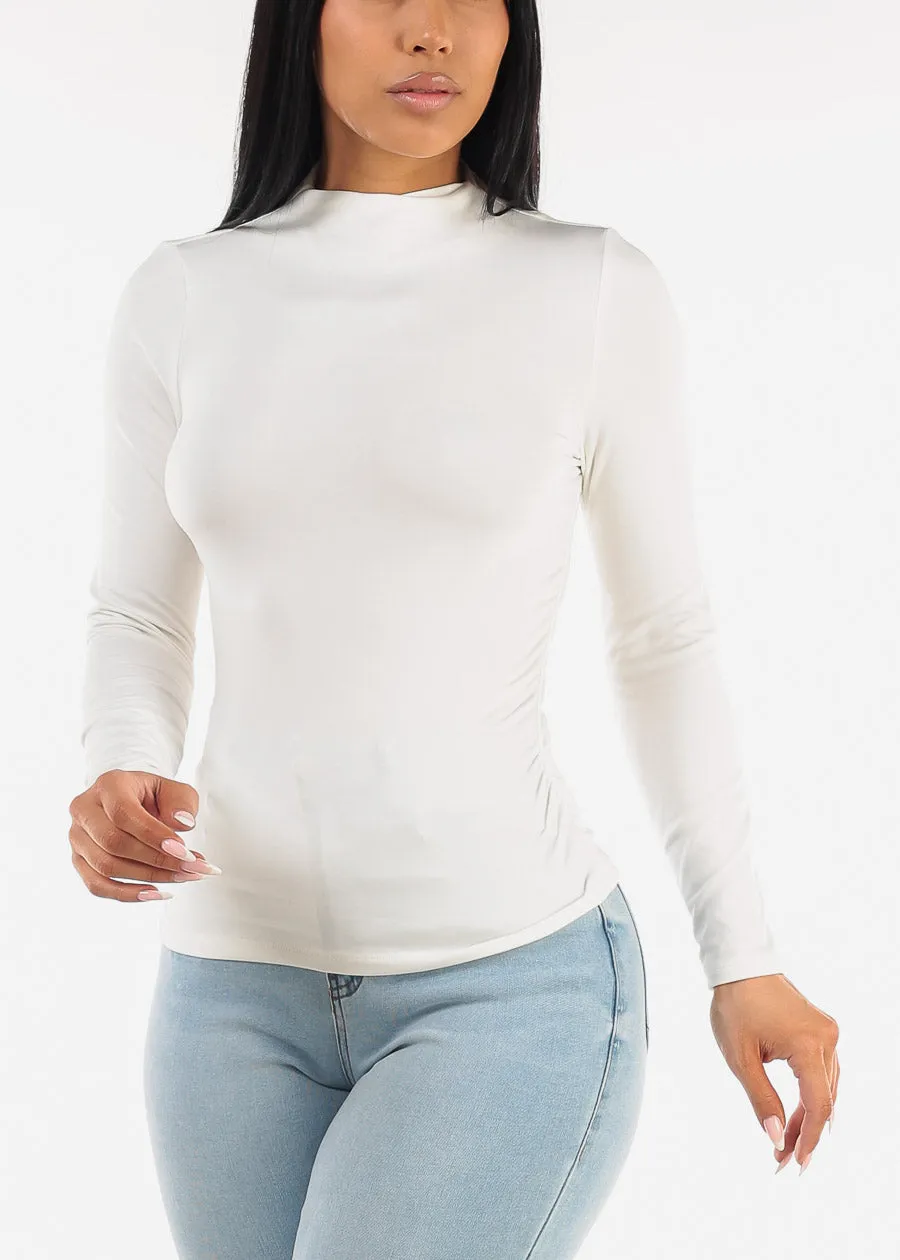 Long Sleeve Mock Neck Ruched Top White sold by Moda
