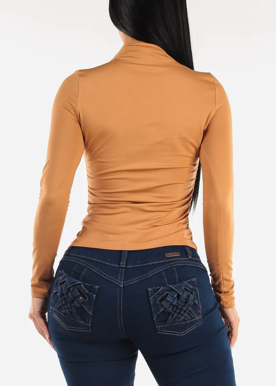 Long Sleeve Mock Neck Ruched Top Camel sold by Moda product image thumbnail 4