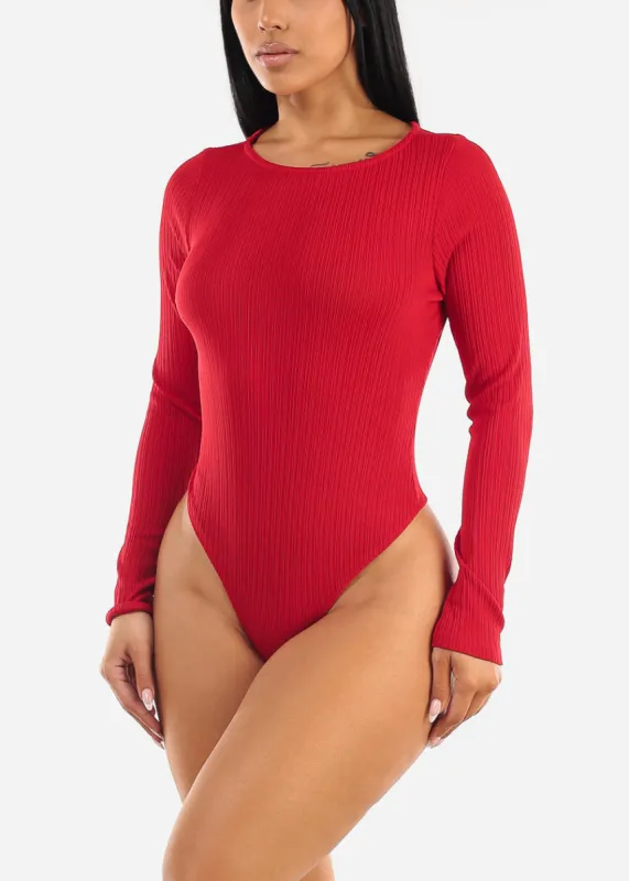 Round Neck Long Sleeve Thong Bodysuit Red sold by Moda