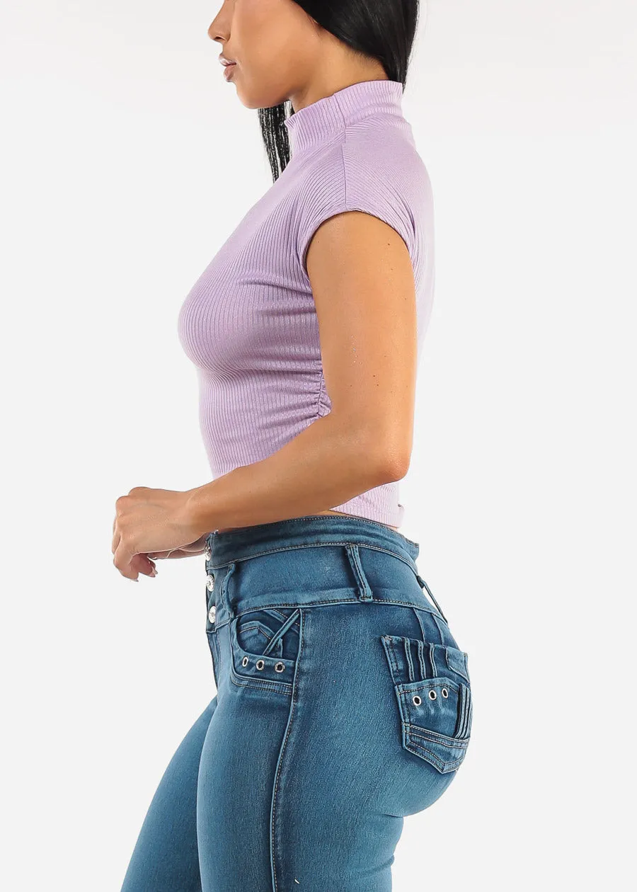 Short Sleeve Mock Neck Glittery Crop Top Lilac sold by Moda product image thumbnail 5