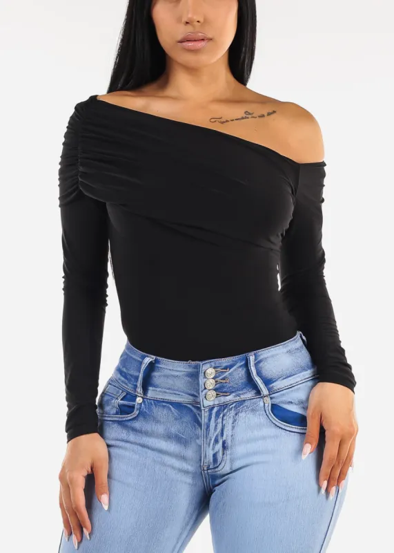 Ruched Long Sleeve Off Shoulder Blouse Black sold by Moda