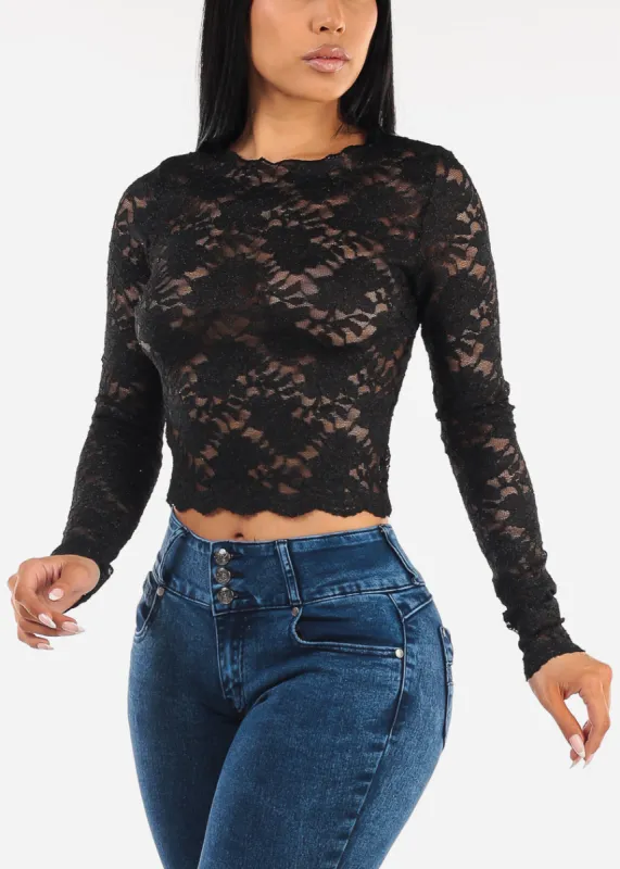 Long Sleeve Floral Lace Boat Neckline Top Black sold by Moda