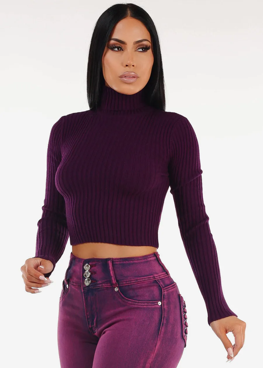 Long Sleeve Turtleneck Cropped Sweater Purple sold by Moda