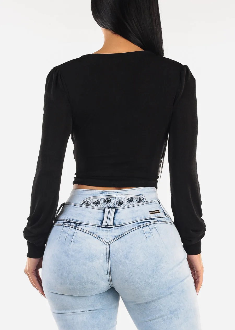 Long Sleeve Surplice Tie Front Blouse Black sold by Moda product image thumbnail 4