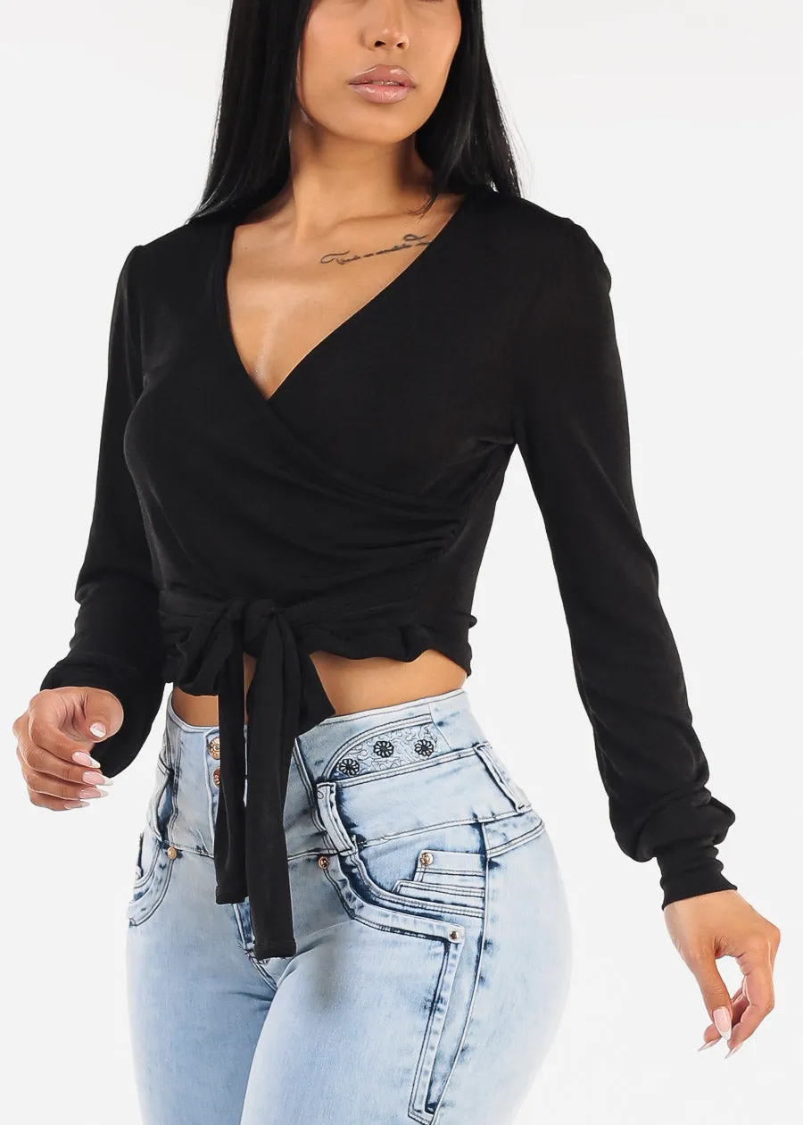 Long Sleeve Surplice Tie Front Blouse Black sold by Moda