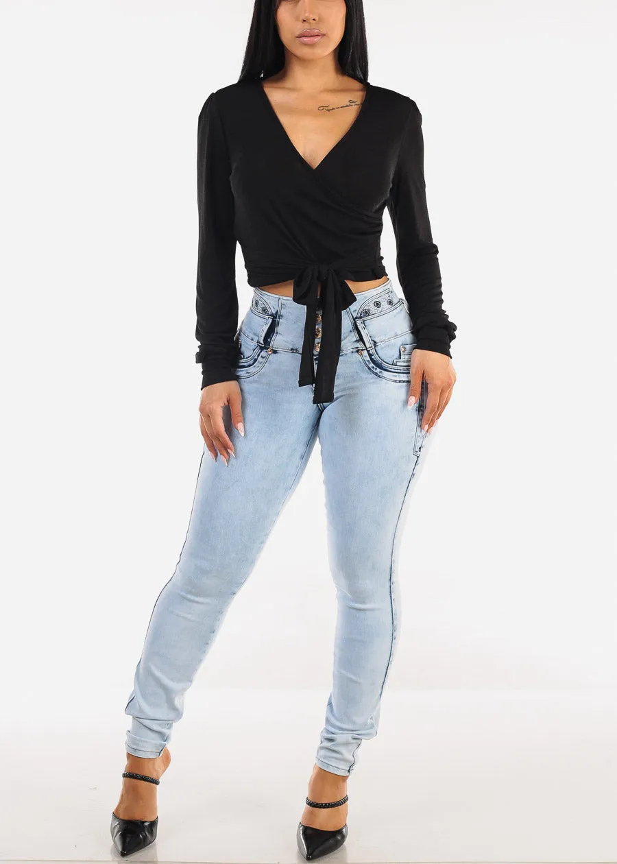 Long Sleeve Surplice Tie Front Blouse Black sold by Moda product image thumbnail 2