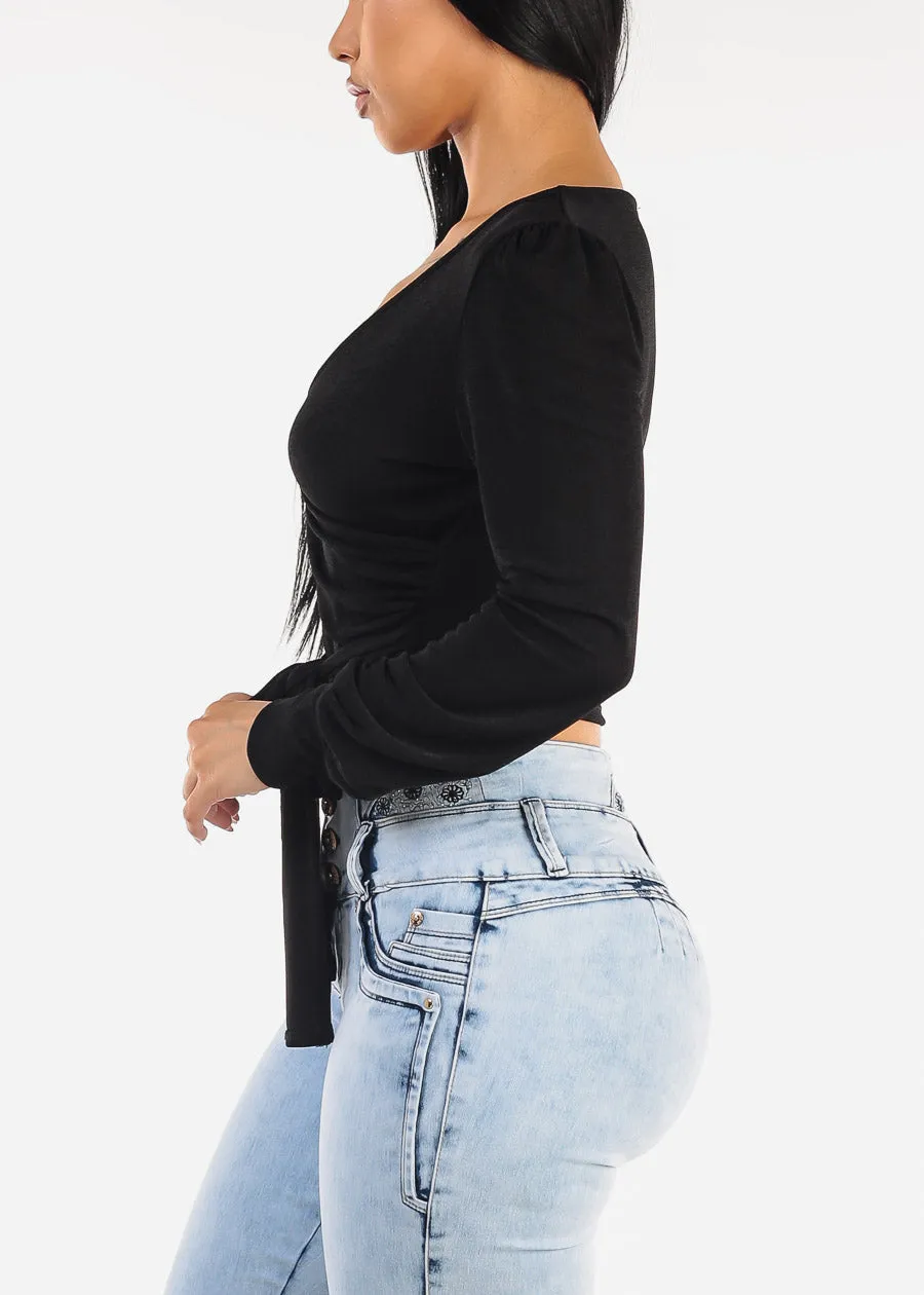 Long Sleeve Surplice Tie Front Blouse Black sold by Moda product image thumbnail 3