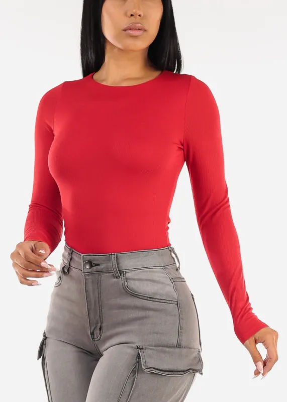 Long Sleeve Crewneck Double Layered Ribbed Top Red sold by Moda