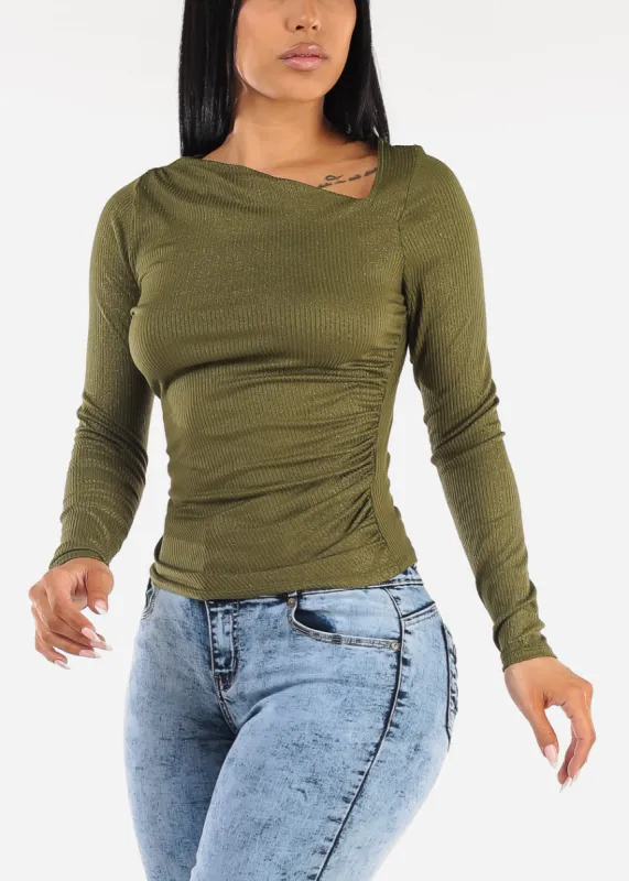 Asymmetrical Neckline Glittery Blouse Olive sold by Moda