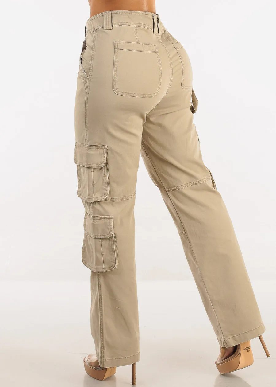 Butt Lift Straight Wide Leg Cargo Jeans Khaki sold by Moda
