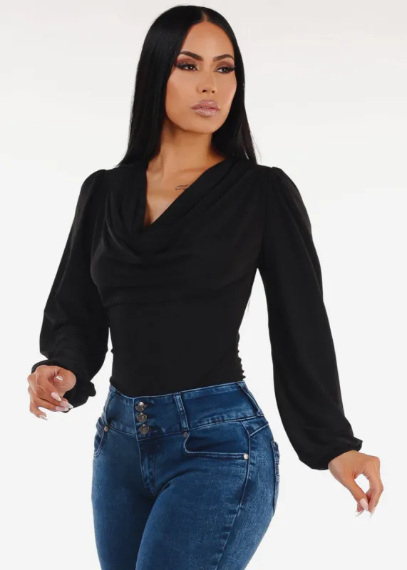 Long Sleeve Cowl Neck Black Dressy Blouse sold by Moda