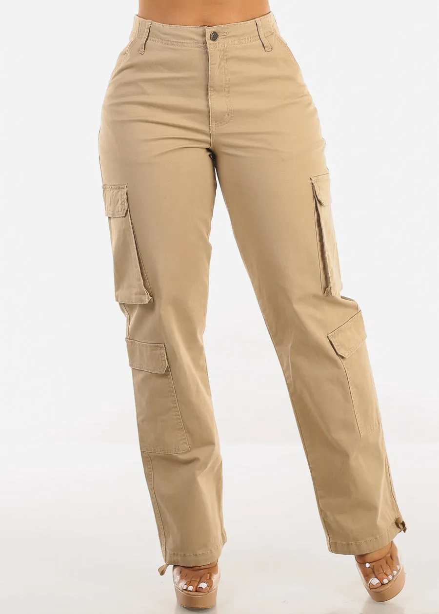 Super High Waist Straight Wide Leg Cargo Jeans Khaki sold by Moda