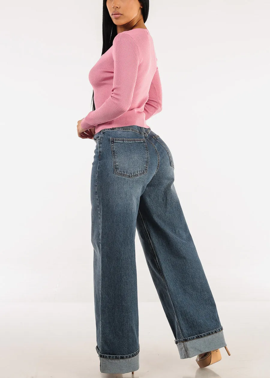 Super High Waist Cuffed Wide Leg Cotton Jeans Dark Wash sold by Moda product image thumbnail 5