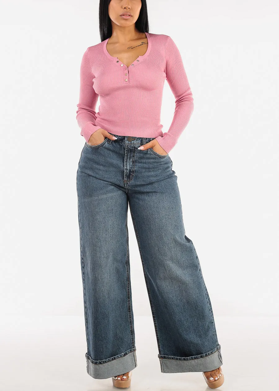 Super High Waist Cuffed Wide Leg Cotton Jeans Dark Wash sold by Moda product image thumbnail 2