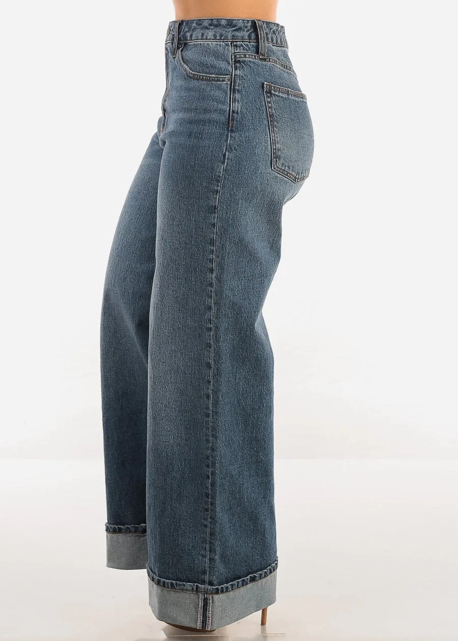 Super High Waist Cuffed Wide Leg Cotton Jeans Dark Wash sold by Moda product image thumbnail 3