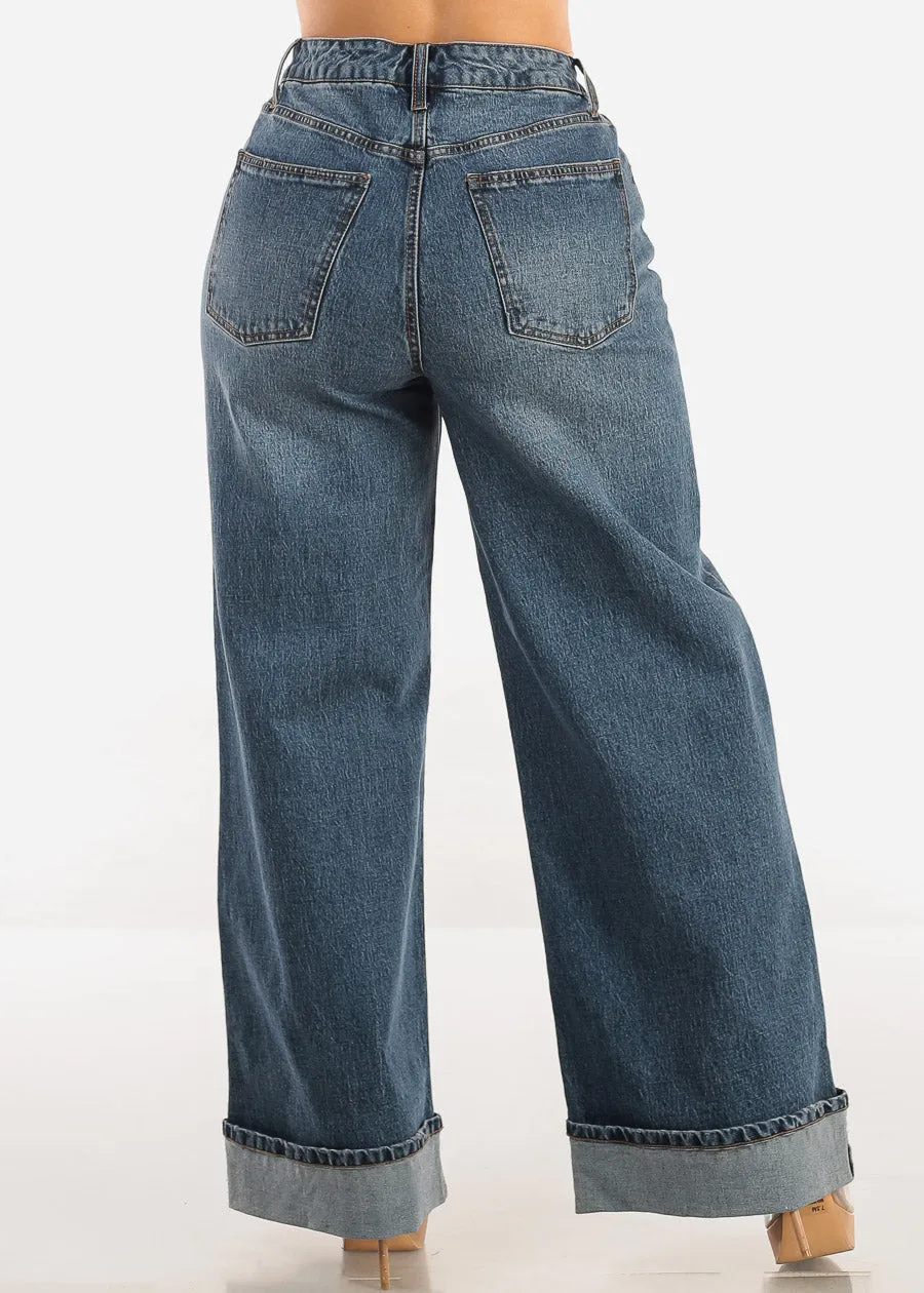 Super High Waist Cuffed Wide Leg Cotton Jeans Dark Wash sold by Moda product image thumbnail 4
