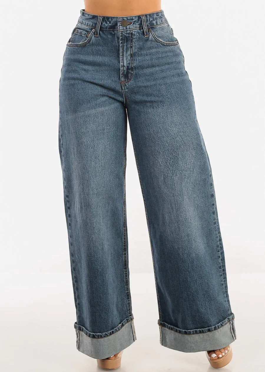 Super High Waist Cuffed Wide Leg Cotton Jeans Dark Wash sold by Moda