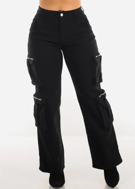 High Waist Hyper Stretch Straight Wide Leg Cargo Pants Black sold by Moda