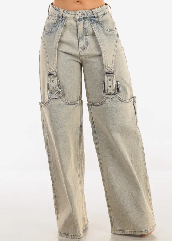 High Waist Wide Leg Denim Jeans Light Vintage Wash sold by Moda