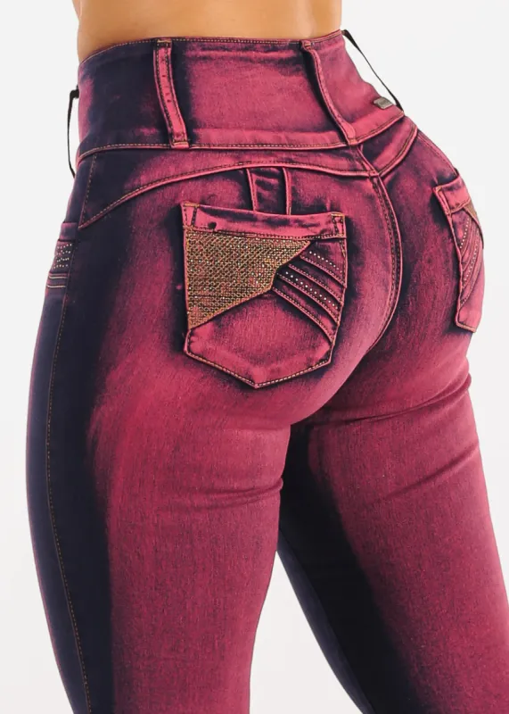 MX JEANS Butt Lift Mid Rise Red Acid Wash Skinny Jeans sold by Moda