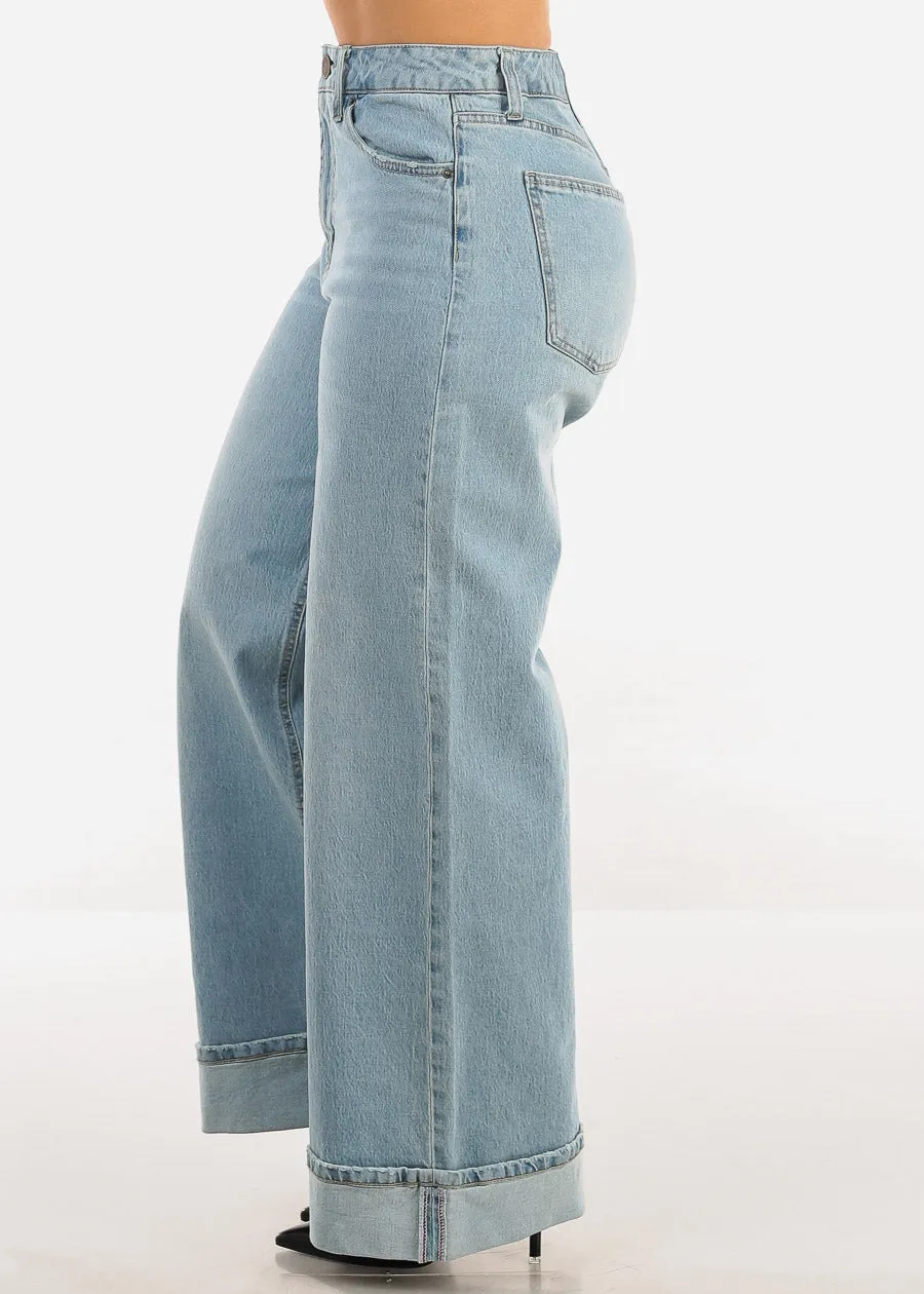 Super High Waist Cuffed Wide Leg Cotton Jeans Light Wash sold by Moda product image thumbnail 4