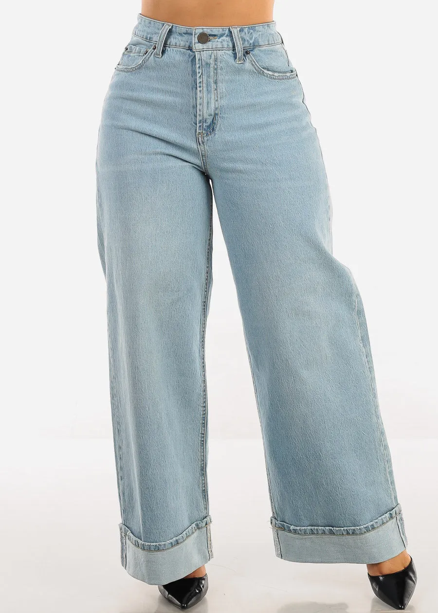 Super High Waist Cuffed Wide Leg Cotton Jeans Light Wash sold by Moda