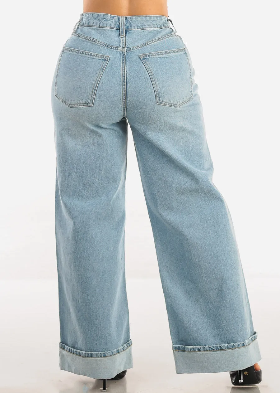 Super High Waist Cuffed Wide Leg Cotton Jeans Light Wash sold by Moda product image thumbnail 5
