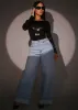 Super High Waist Cuffed Wide Leg Cotton Jeans Light Wash sold by Moda