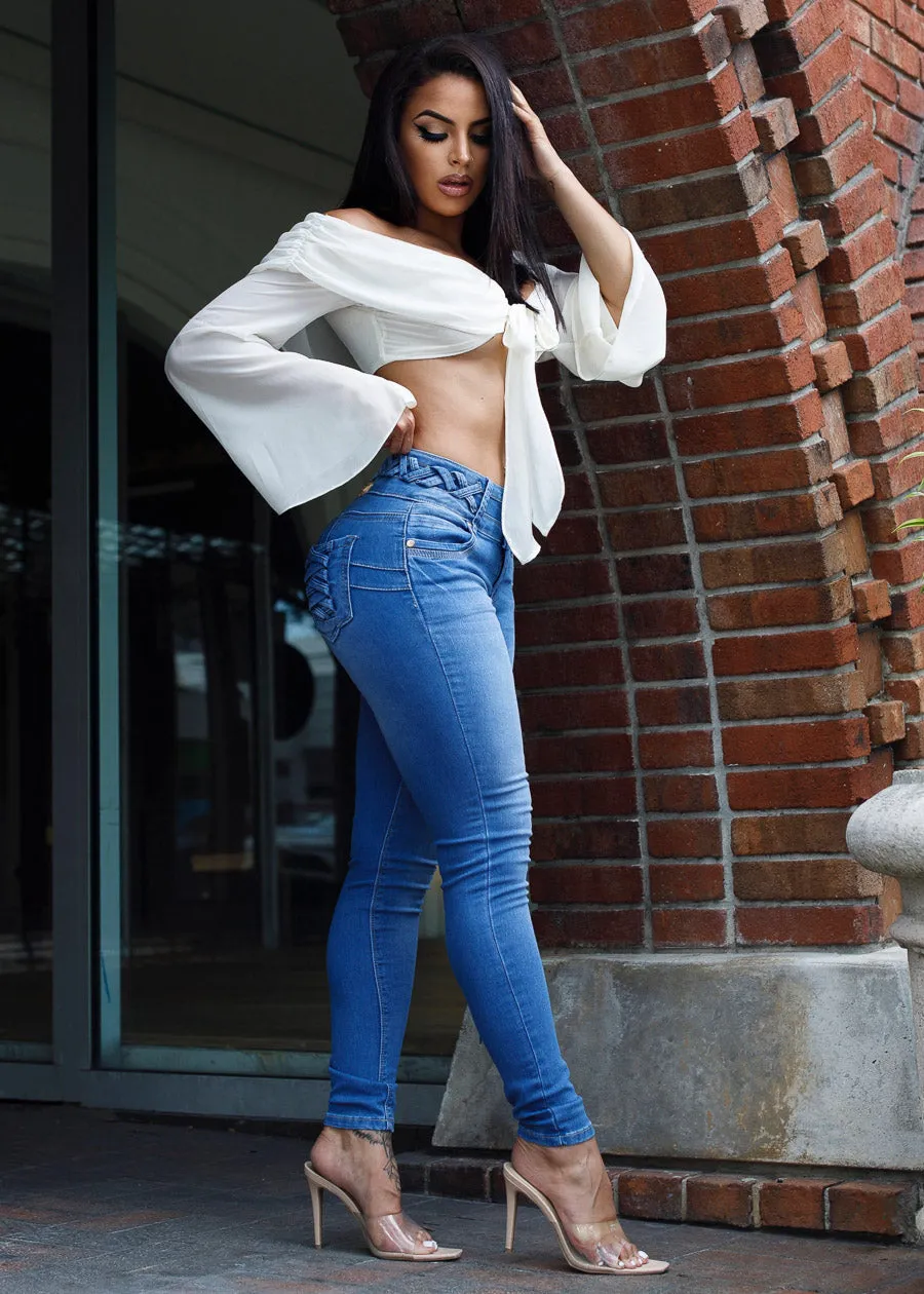 MX JEANS Butt Lift High Waist Light Skinny Jeans w Lace Up Design sold by Moda product image thumbnail 2