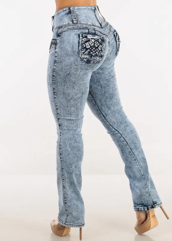 MX JEANS Butt Lift Mid Rise Acid Wash Bootcut Jeans sold by Moda