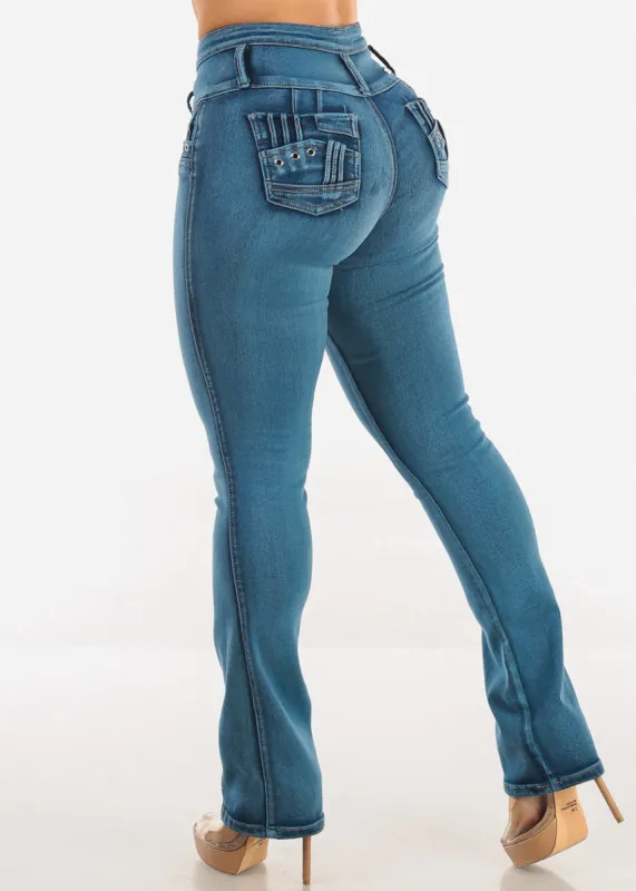 MX JEANS Butt Lift High Waist Bootcut Jeans Blue Acid Wash sold by Moda