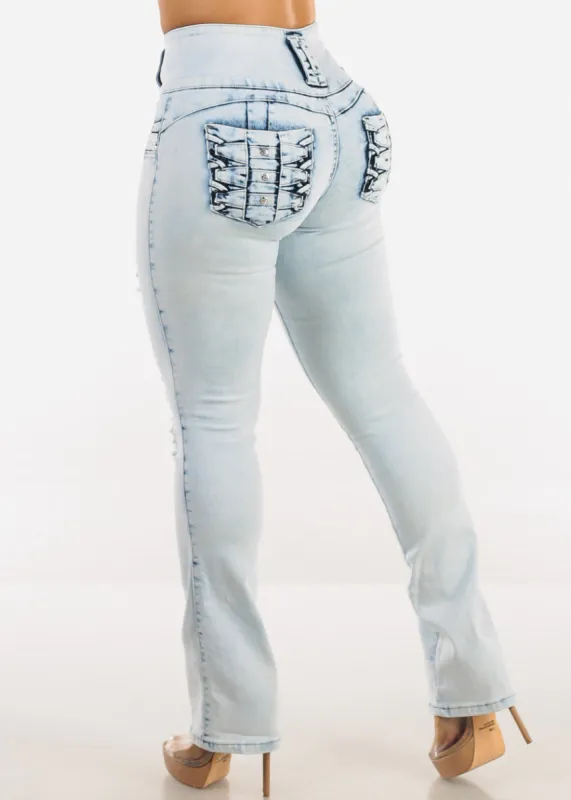 MX JEANS Butt Lift Distressed Bootcut Jeans Light Acid Wash sold by Moda