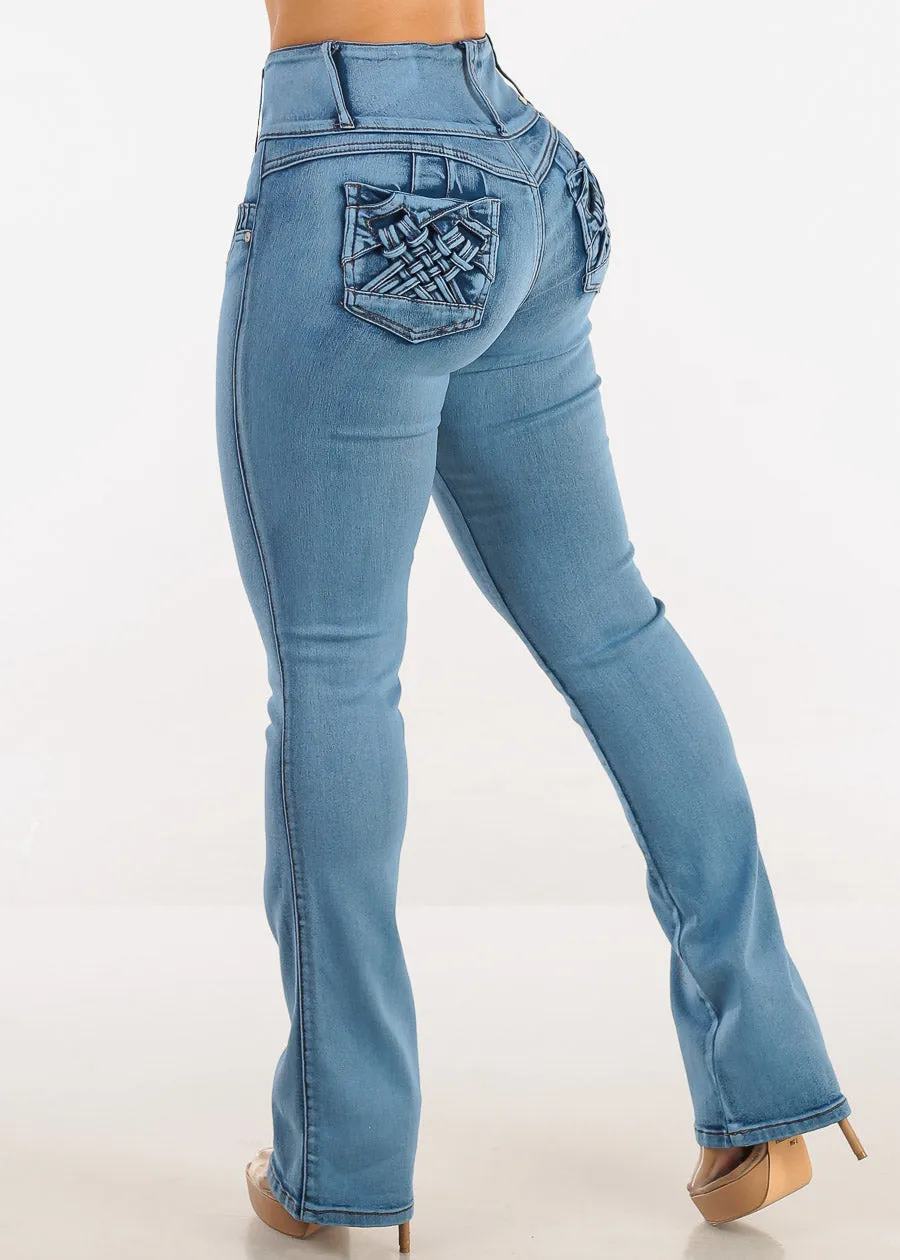 MX JEANS Butt Lift High Waist Bootcut Jeans Acid Wash Blue sold by Moda