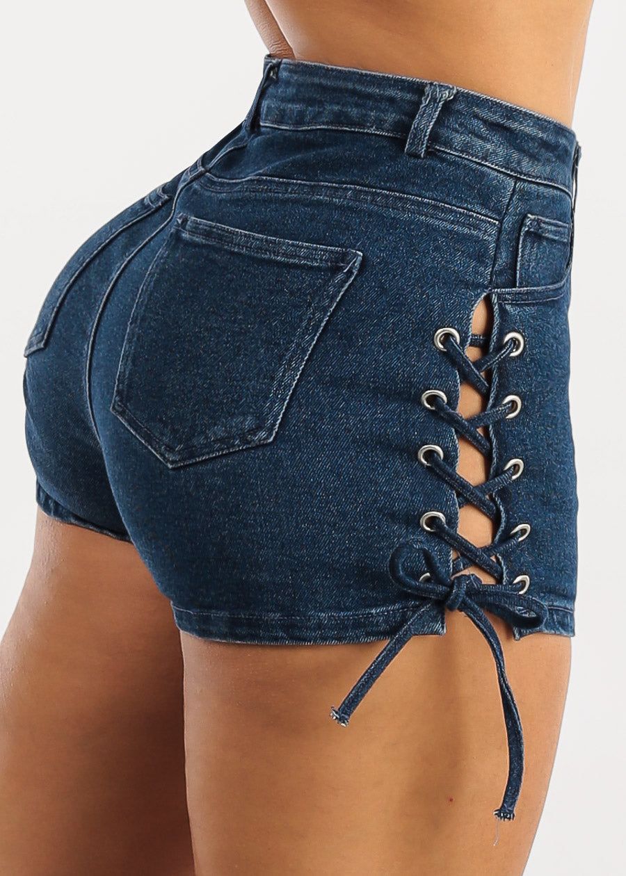 Super High Waisted Lace Up Sides Denim Short Dark Wash sold by Moda product image thumbnail 6