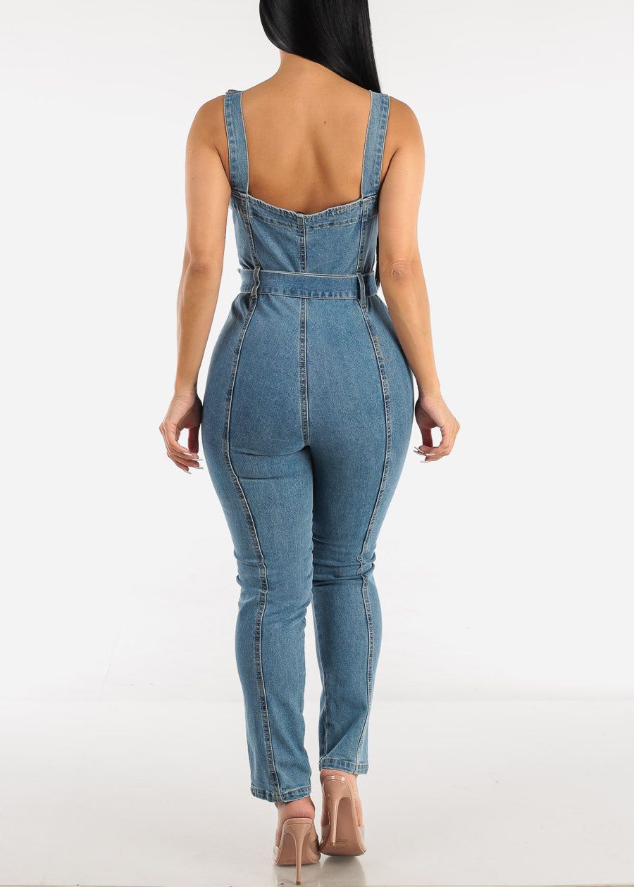 Half Zip Up Straight Leg Denim Jumpsuit Light Blue sold by Moda product image thumbnail 5