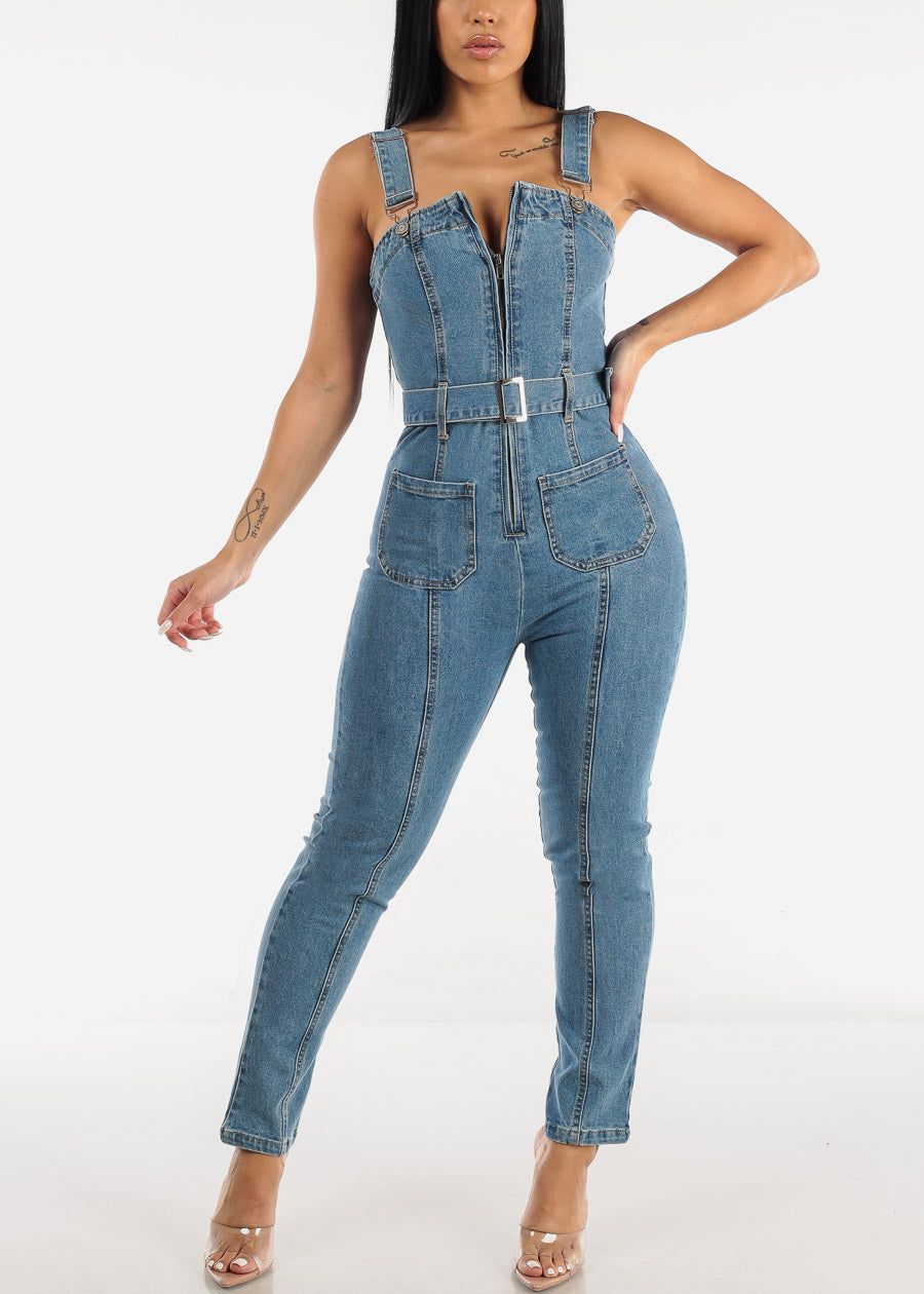 Half Zip Up Straight Leg Denim Jumpsuit Light Blue sold by Moda product image thumbnail 3