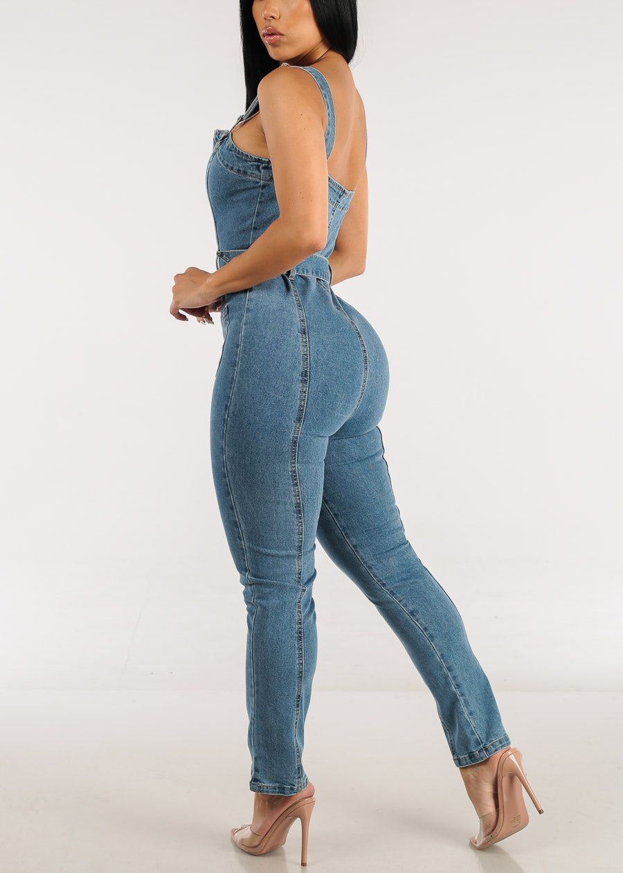 Half Zip Up Straight Leg Denim Jumpsuit Light Blue sold by Moda product image thumbnail 6
