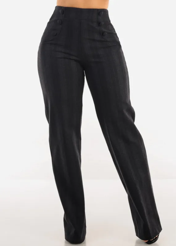 High Waist Straight Wide Leg Stripe Dressy Pants Charcoal sold by Moda