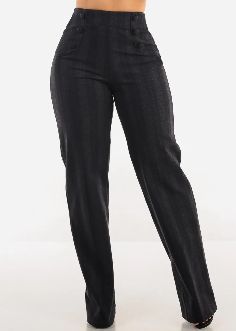 High Waist Straight Wide Leg Stripe Dressy Pants Charcoal sold by Moda