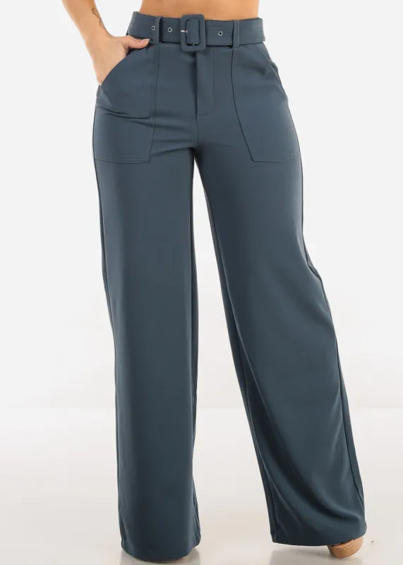 High Waist Wide Leg Stretch Dress Pants Slate Blue w Belt sold by Moda