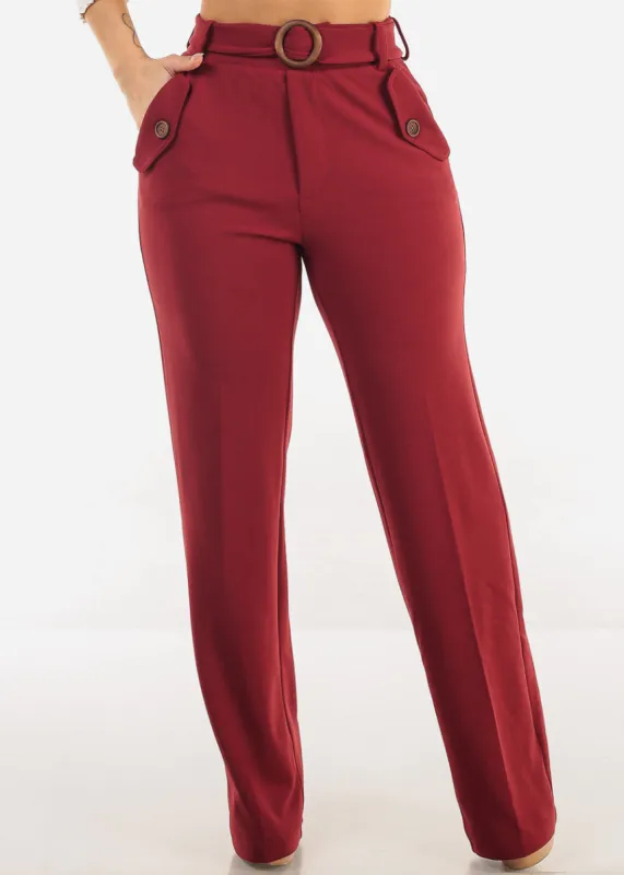 Rust High Waist Wide Leg Straight Dressy Pants w Belt sold by Moda